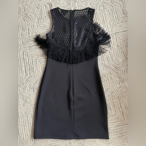 TopShop Mini Black Dress with Mesh Asymmetrical Neckline and Fringe Bodice - Picture 3 of 7